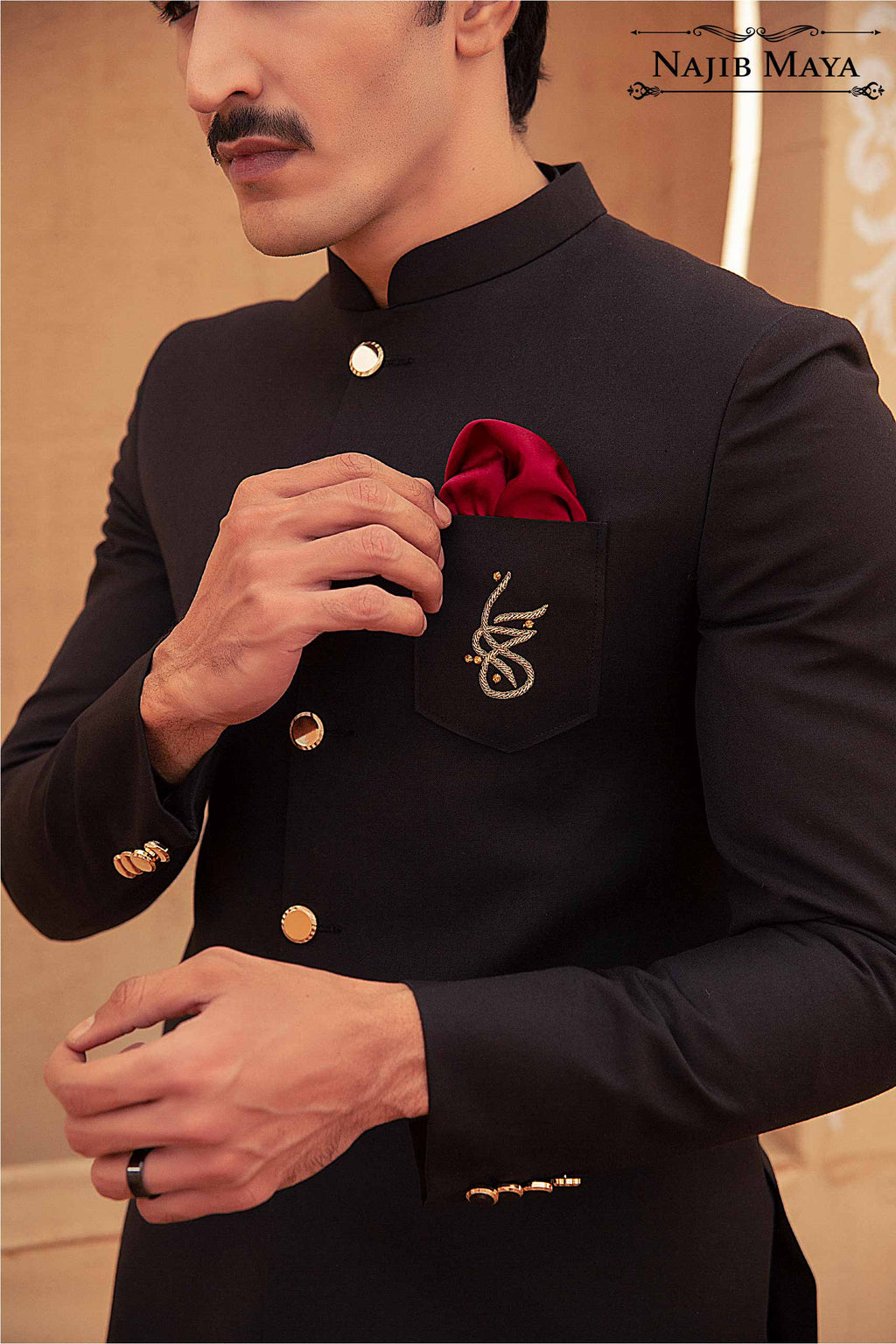 Black Logo Hand Work Prince Coat  & Black Kurta Pajama For Men's