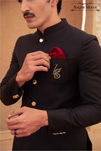 Black Logo Hand Work Prince Coat  & Black Kurta Pajama For Men's