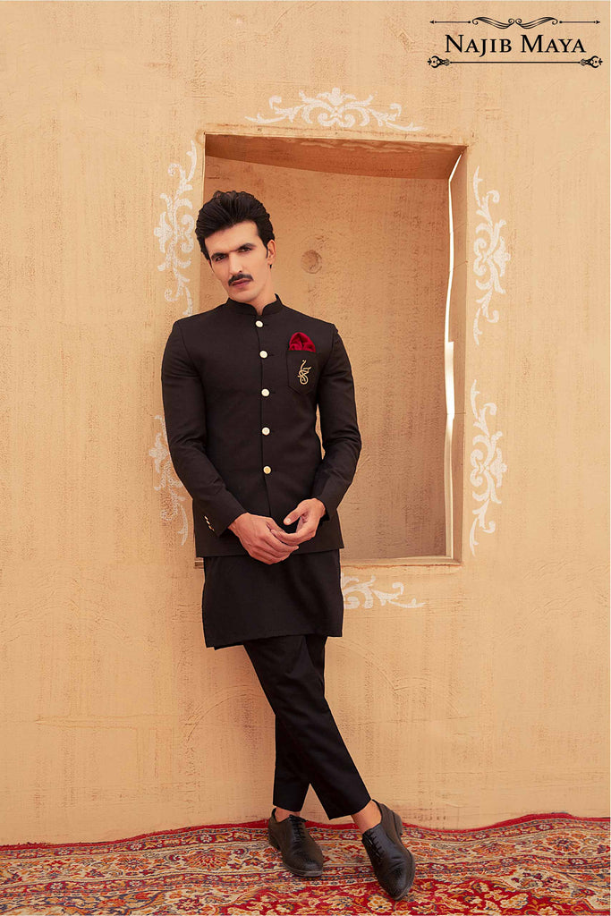 Black Logo Hand Work Prince Coat  & Black Kurta Pajama For Men's