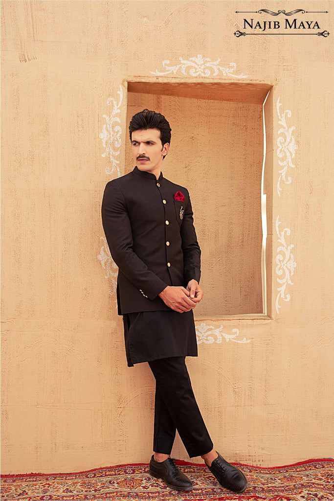 Black Logo Hand Work Prince Coat Black Kurta Pajama For Men s