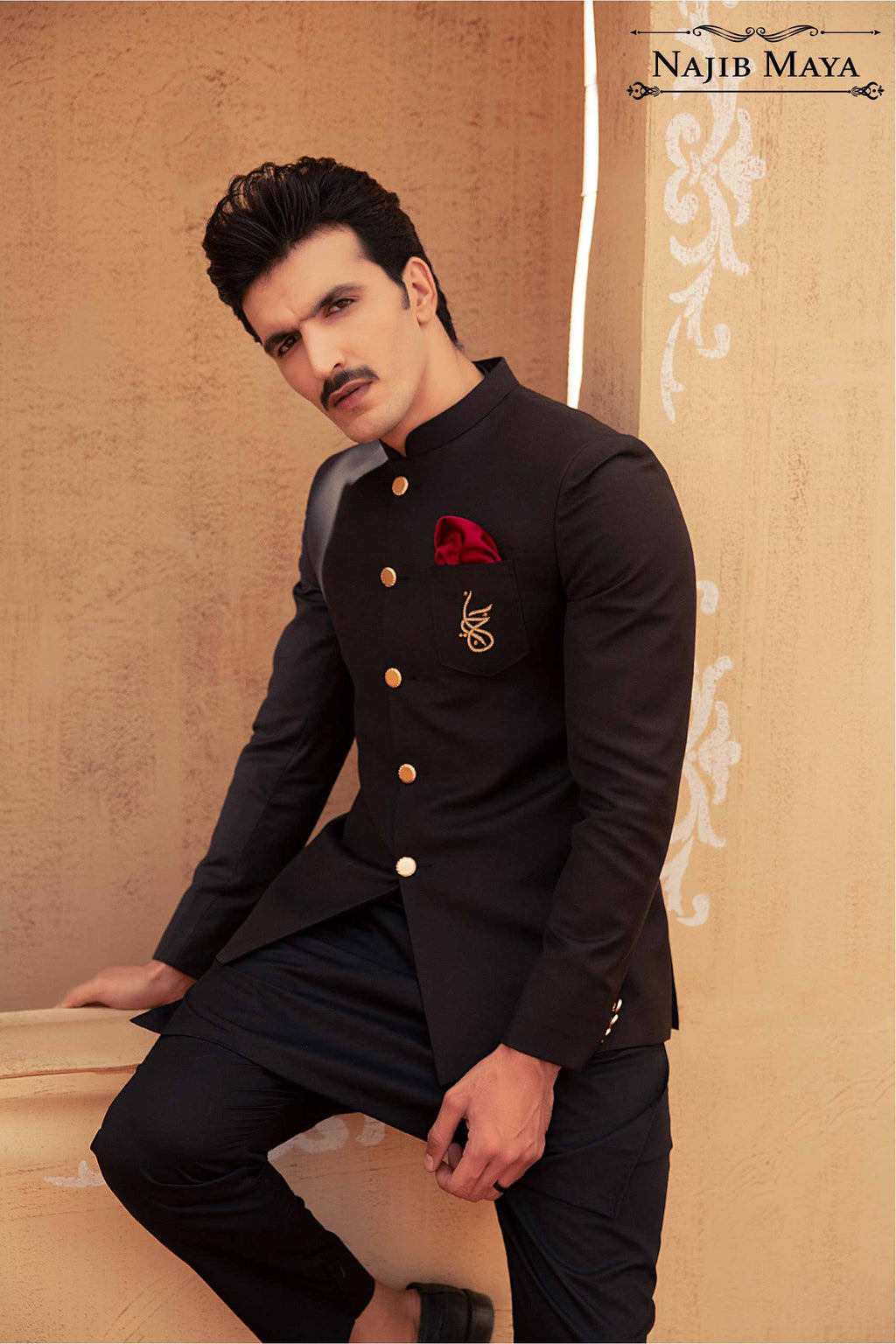 Black Logo Hand Work Prince Coat  & Black Kurta Pajama For Men's