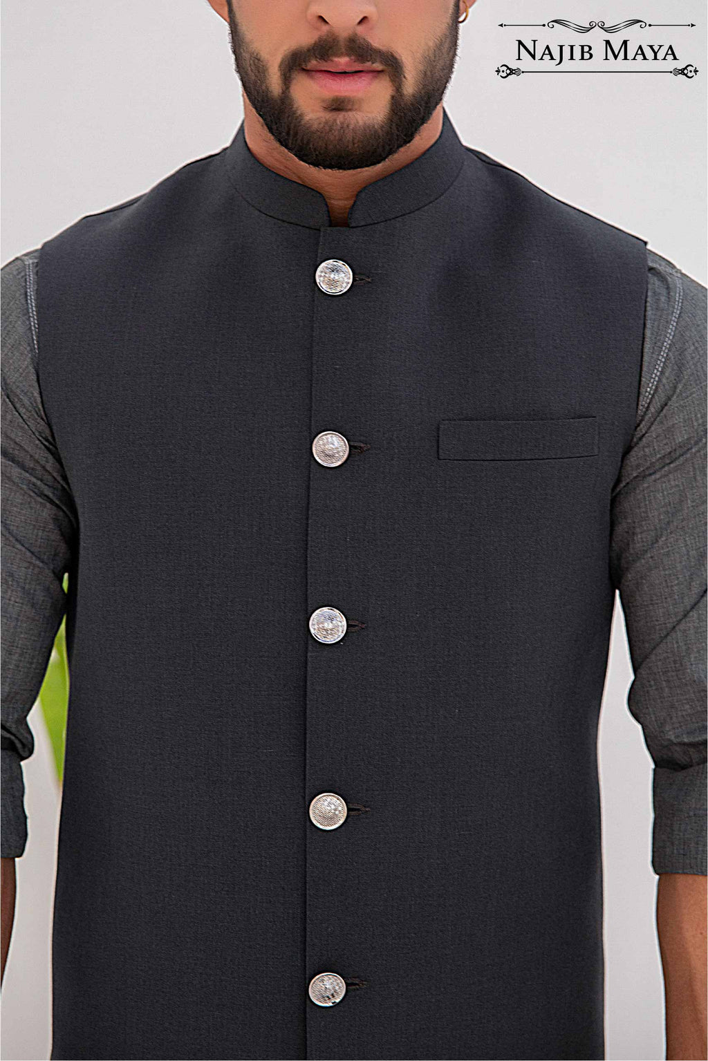 Charcoal Grey Waist Coat & Grey Kurta Pajama For Men's