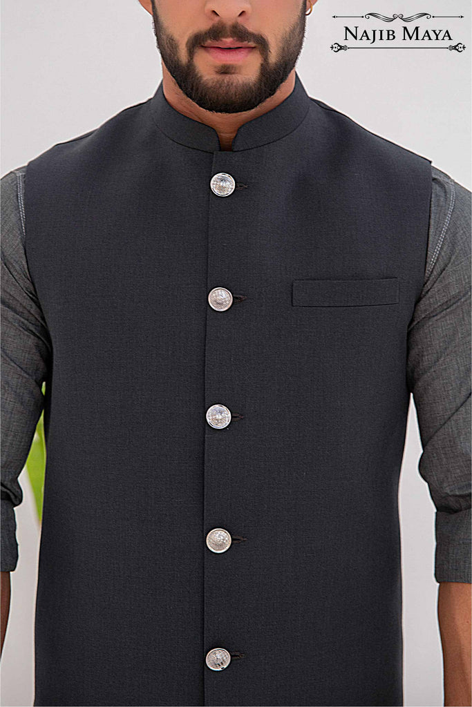 Charcoal Grey Waist Coat & Grey Kurta Pajama For Men's