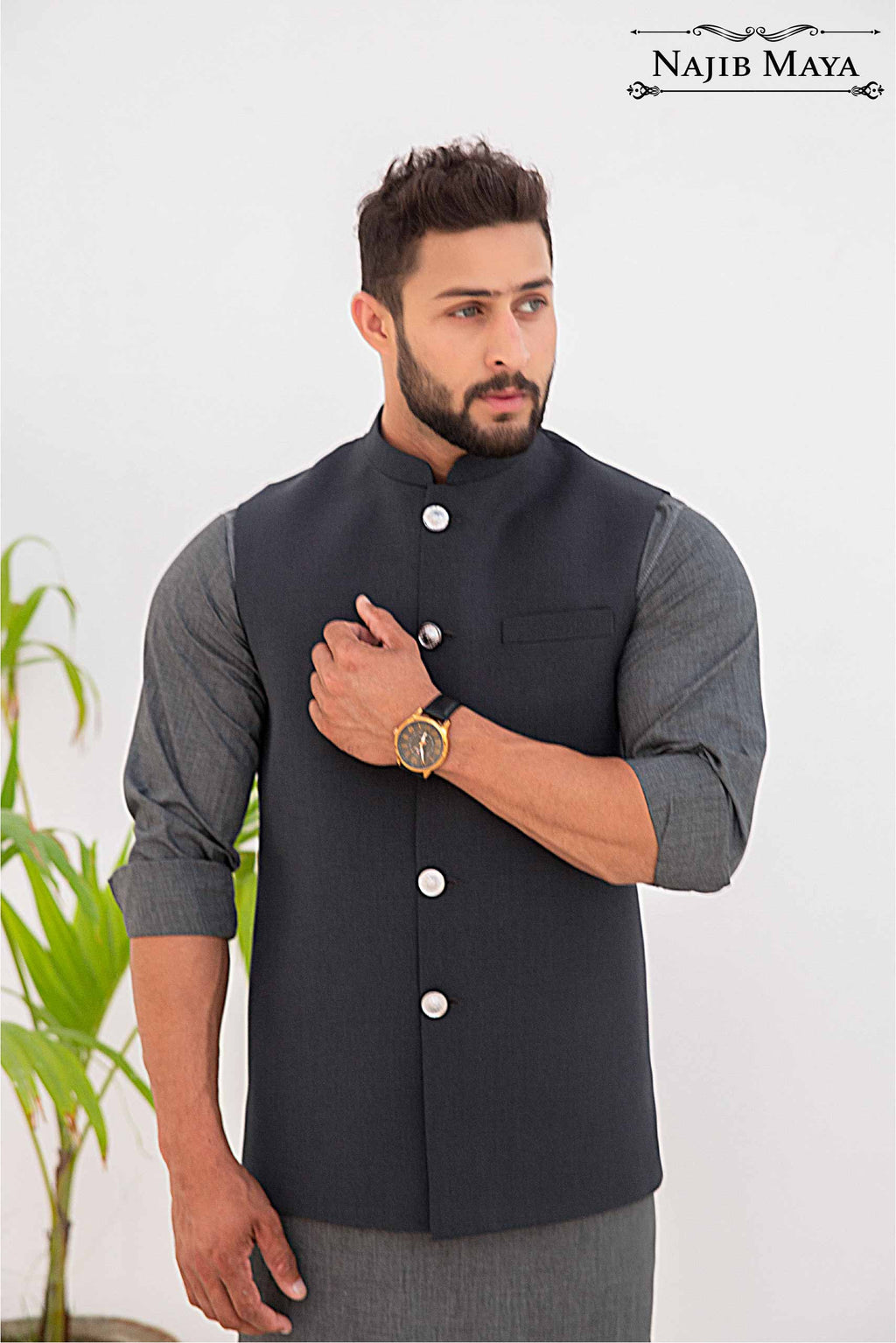 Charcoal Grey Waist Coat & Grey Kurta Pajama For Men's