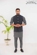 Charcoal Grey Waist Coat & Grey Kurta Pajama For Men's
