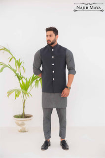 Charcoal Grey Waist Coat & Grey Kurta Pajama For Men's