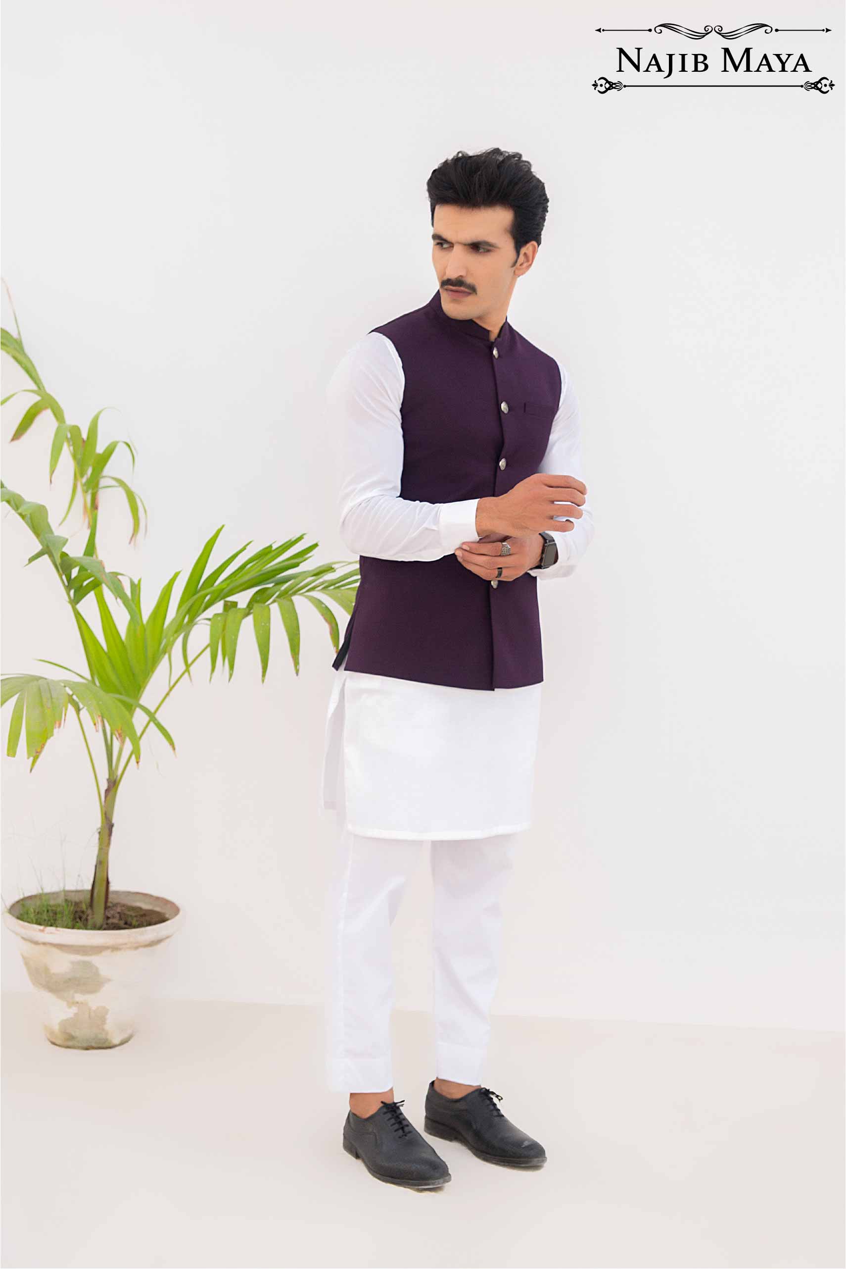 Purple Waist Coat & White Kurta Pajama For Men's Main image