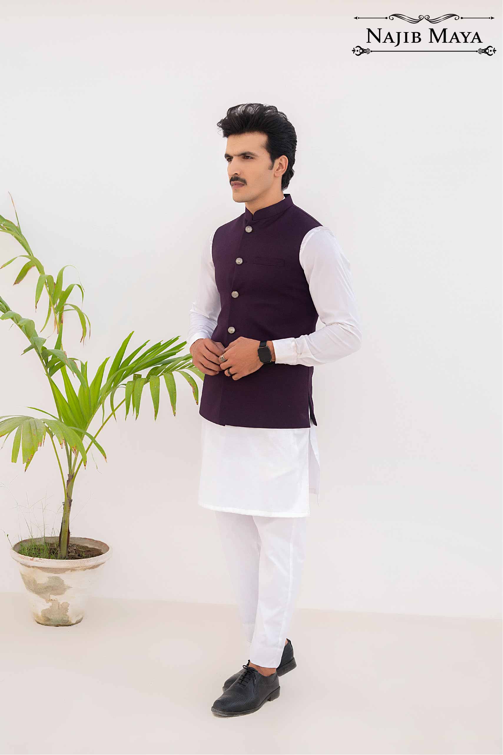 Purple Waist Coat & White Kurta Pajama For Men's
