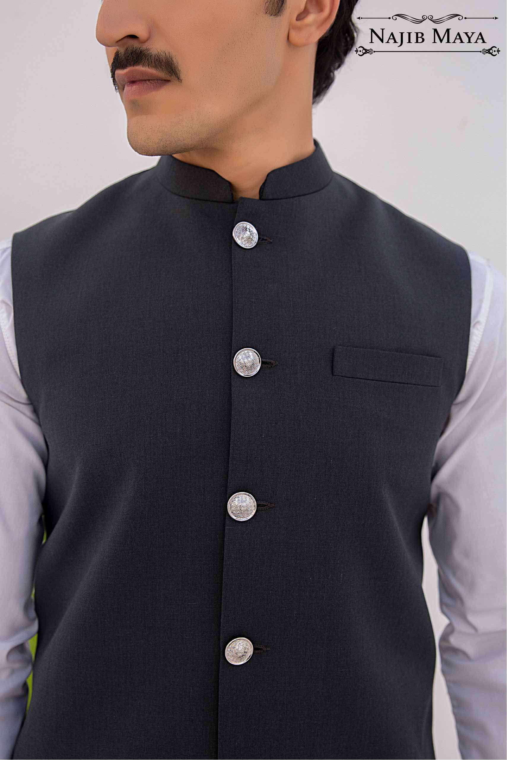 Grey Waist Coat & White Kurta Pajama For Men's Secondary image
