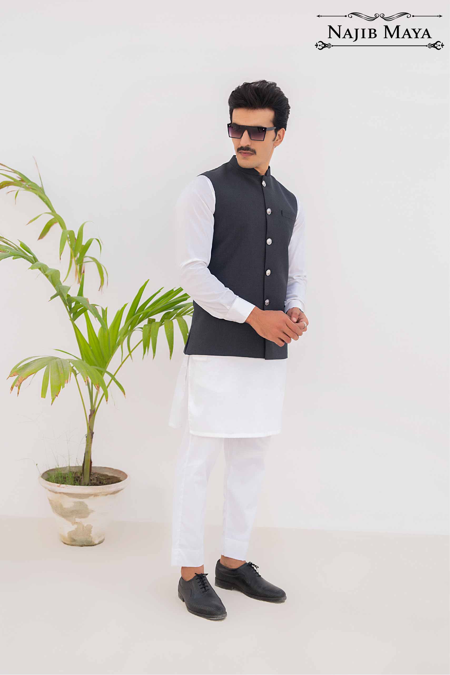 Grey Waist Coat & White Kurta Pajama For Men's Main image