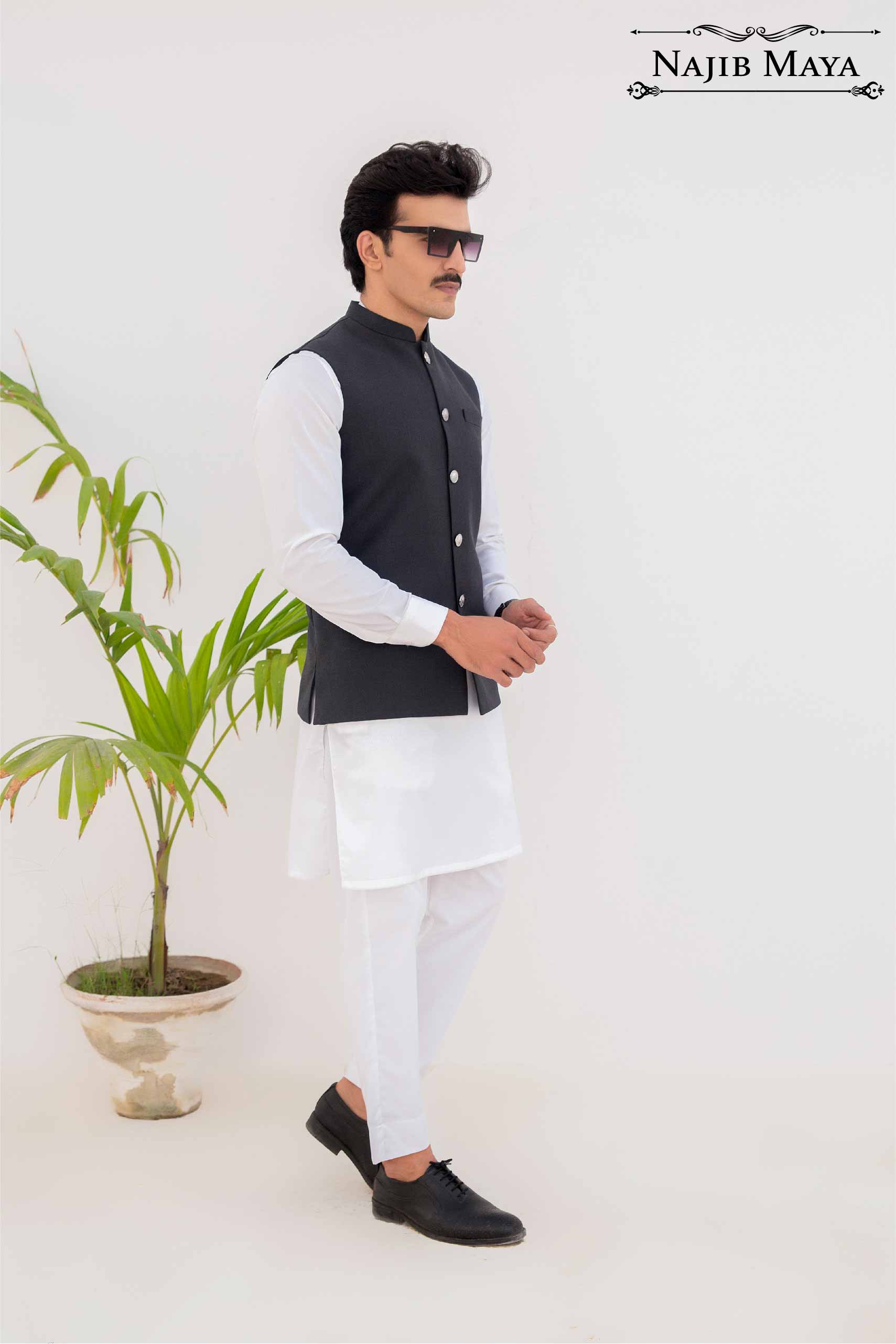 Grey Waist Coat & White Kurta Pajama For Men's