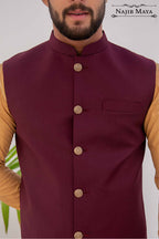 Maroon Waist Coat & Golden Kurta Pajama For Men's