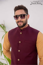 Maroon Waist Coat & Golden Kurta Pajama For Men's