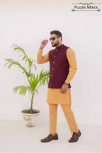 Maroon Waist Coat & Golden Kurta Pajama For Men's