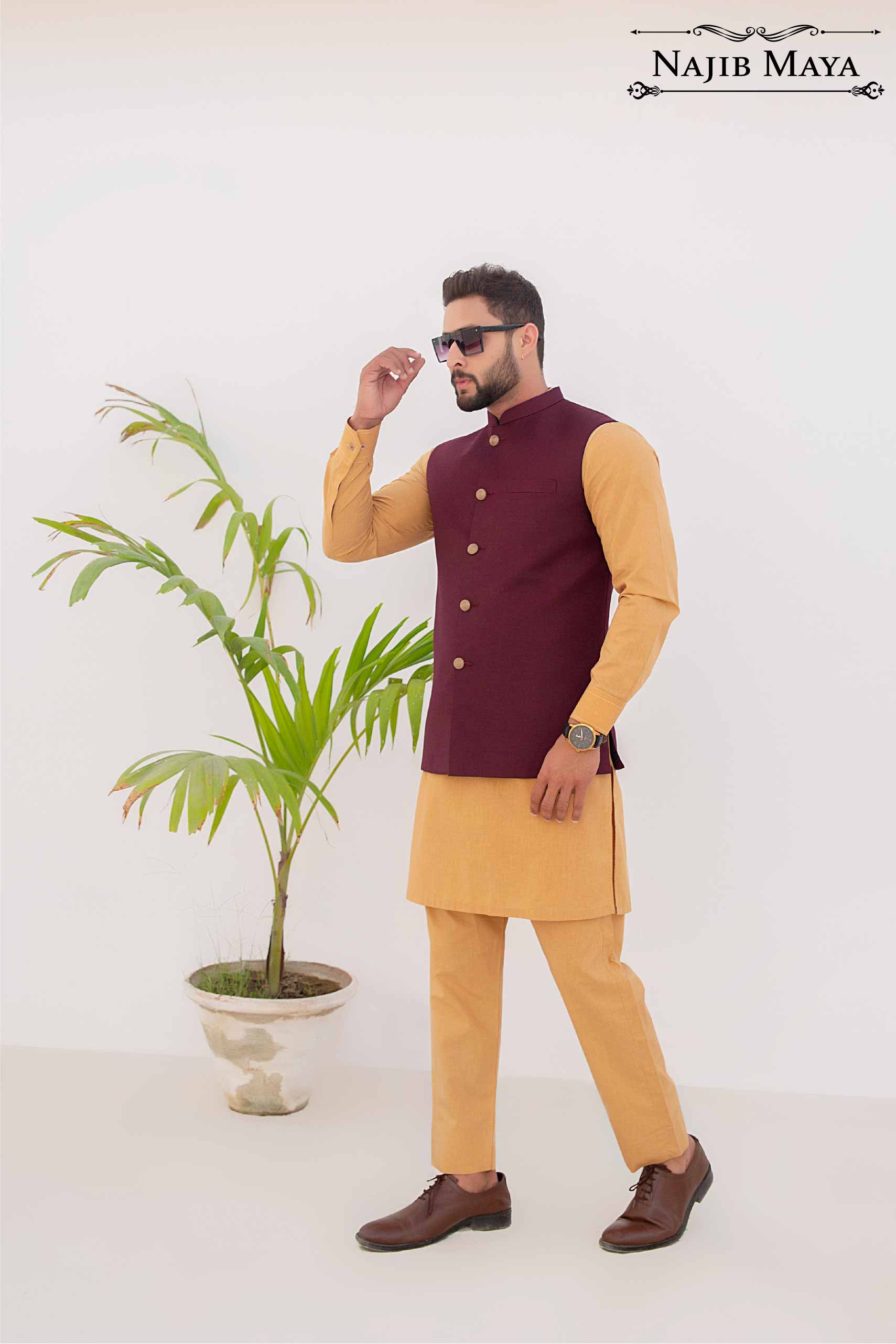 Maroon Waist Coat & Golden Kurta Pajama For Men's