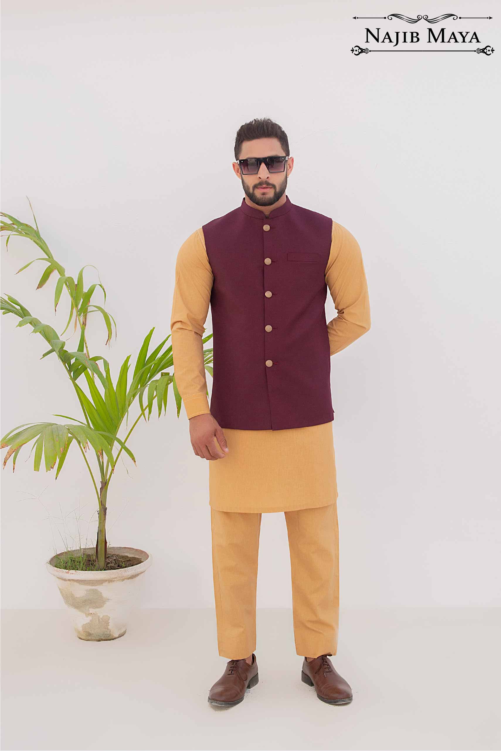 Maroon Waist Coat & Golden Kurta Pajama For Men's Main image