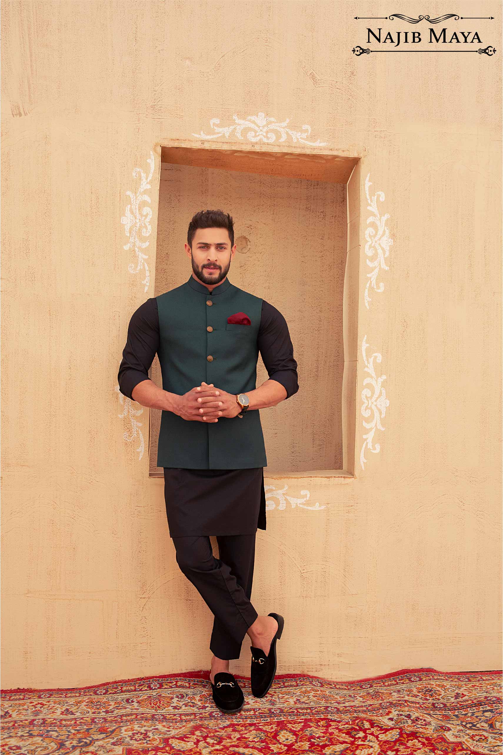 Green Waist Coat & Black Kurta Pajama For Men's Main image