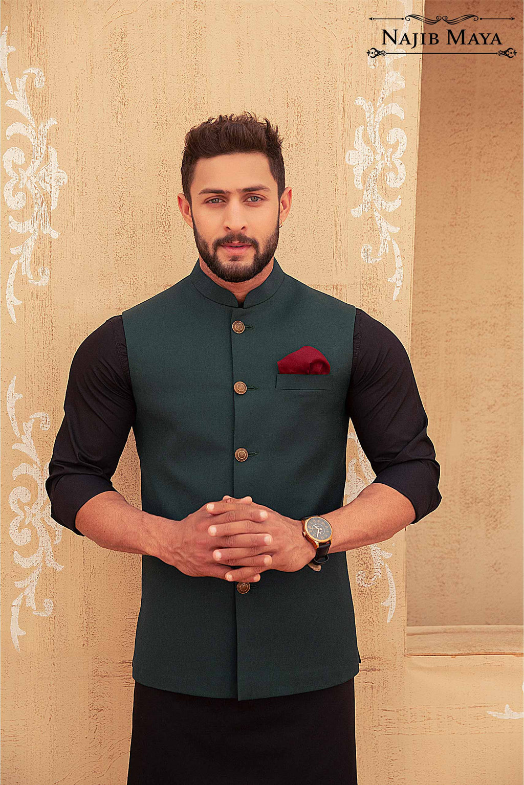 Green Waist Coat & Black Kurta Pajama For Men's