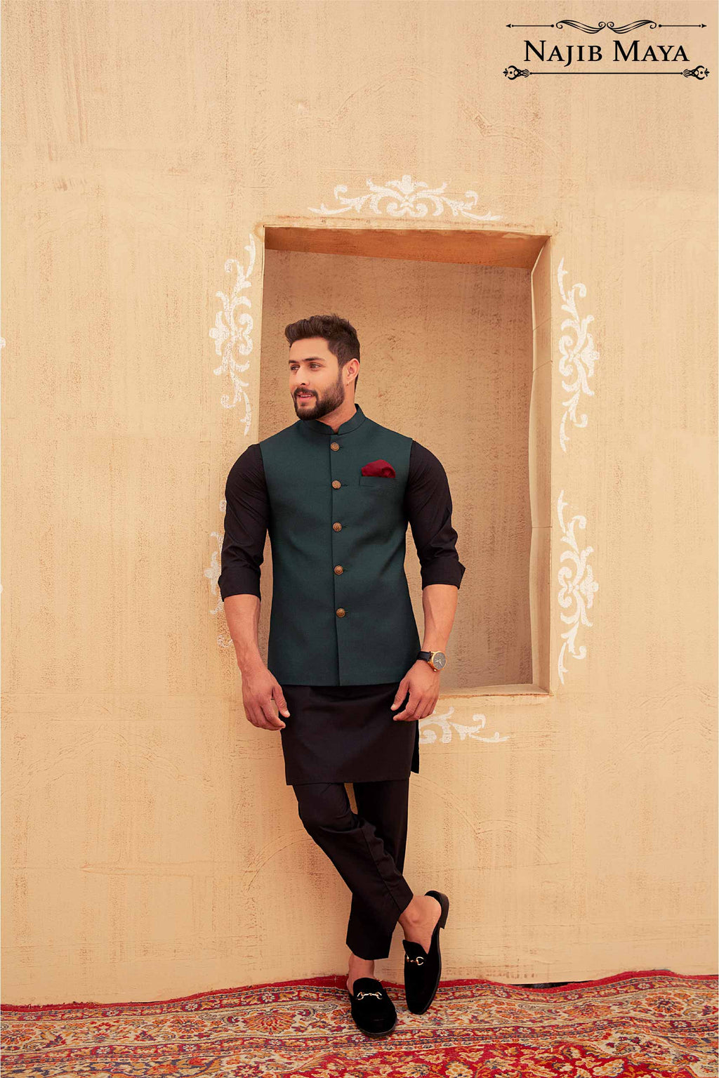 Green Waist Coat & Black Kurta Pajama For Men's