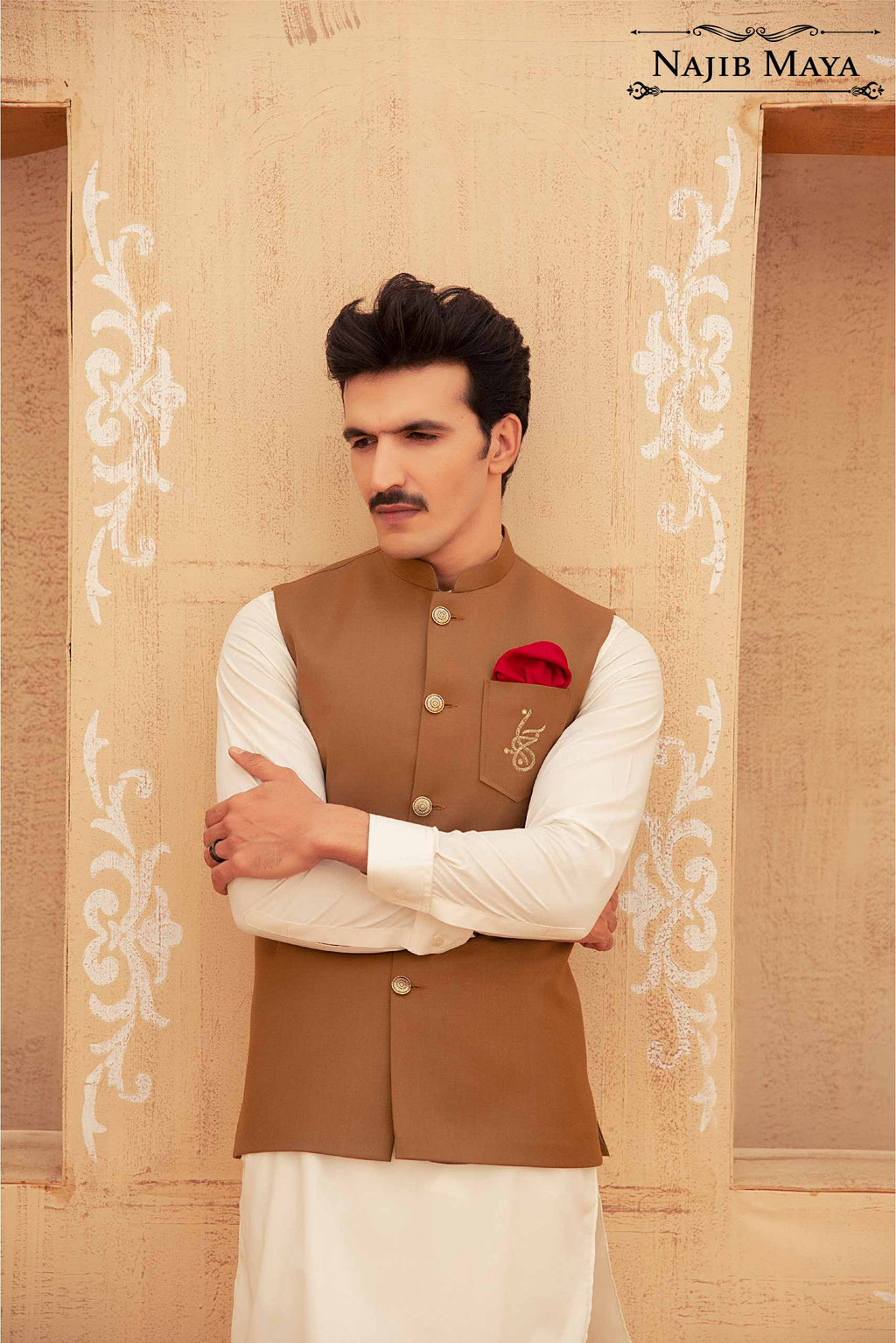 Brown Waist Coat & Cream Kurta Pajama For Men's