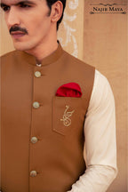 Brown Waist Coat & Cream Kurta Pajama For Men's