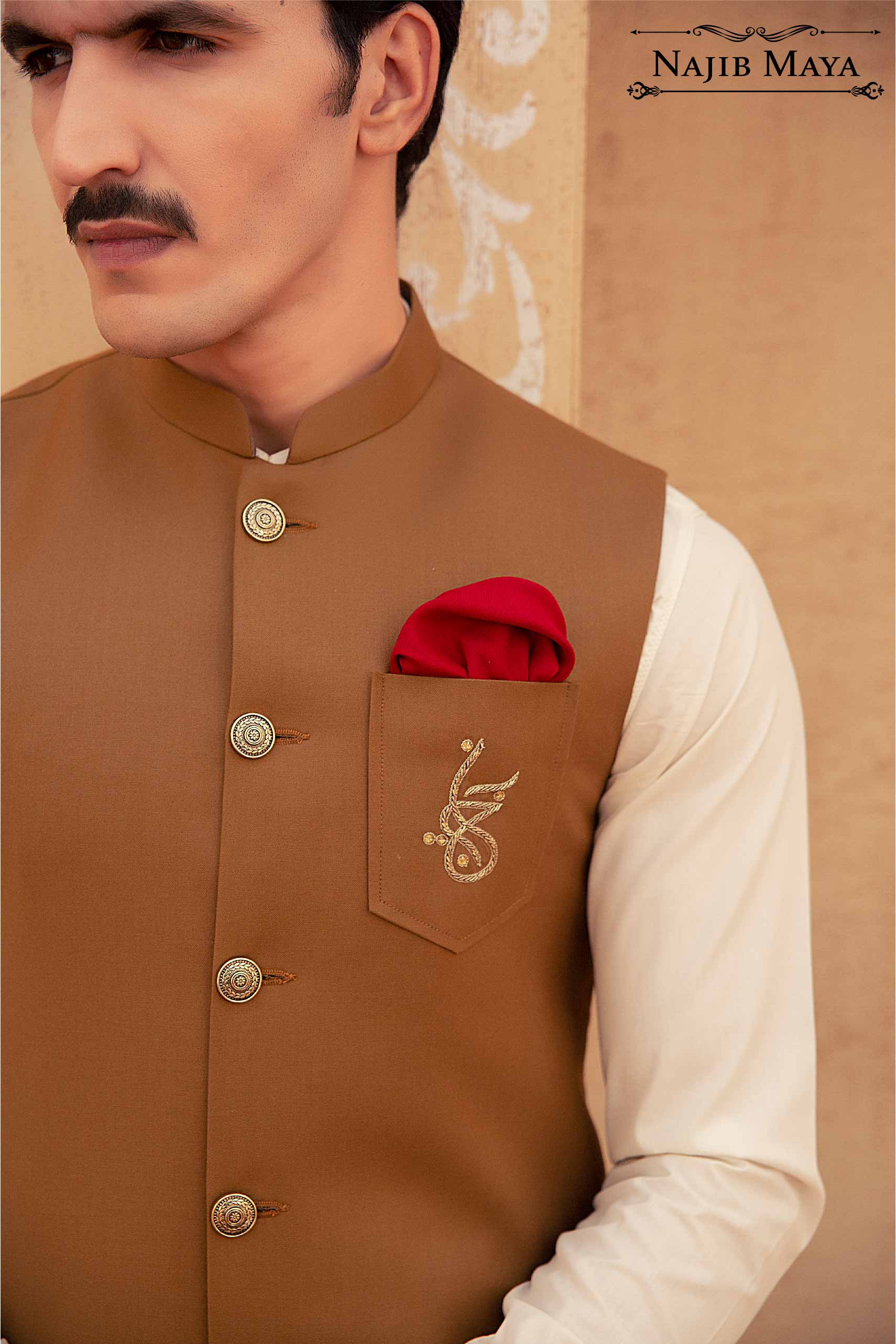 Brown Waist Coat & Cream Kurta Pajama For Men's