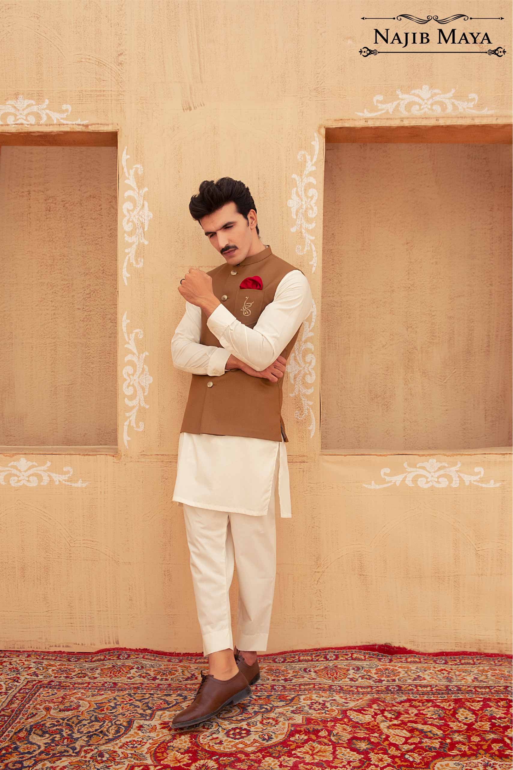 Brown Waist Coat & Cream Kurta Pajama For Men's Main image