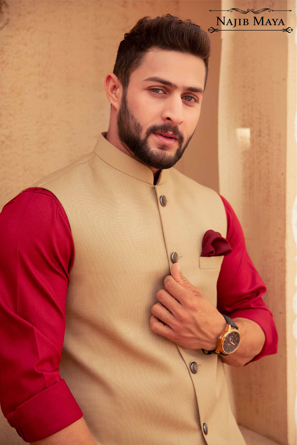 Beige Waist Coat & Maroon Kurta Pajama For Men's (Copy)