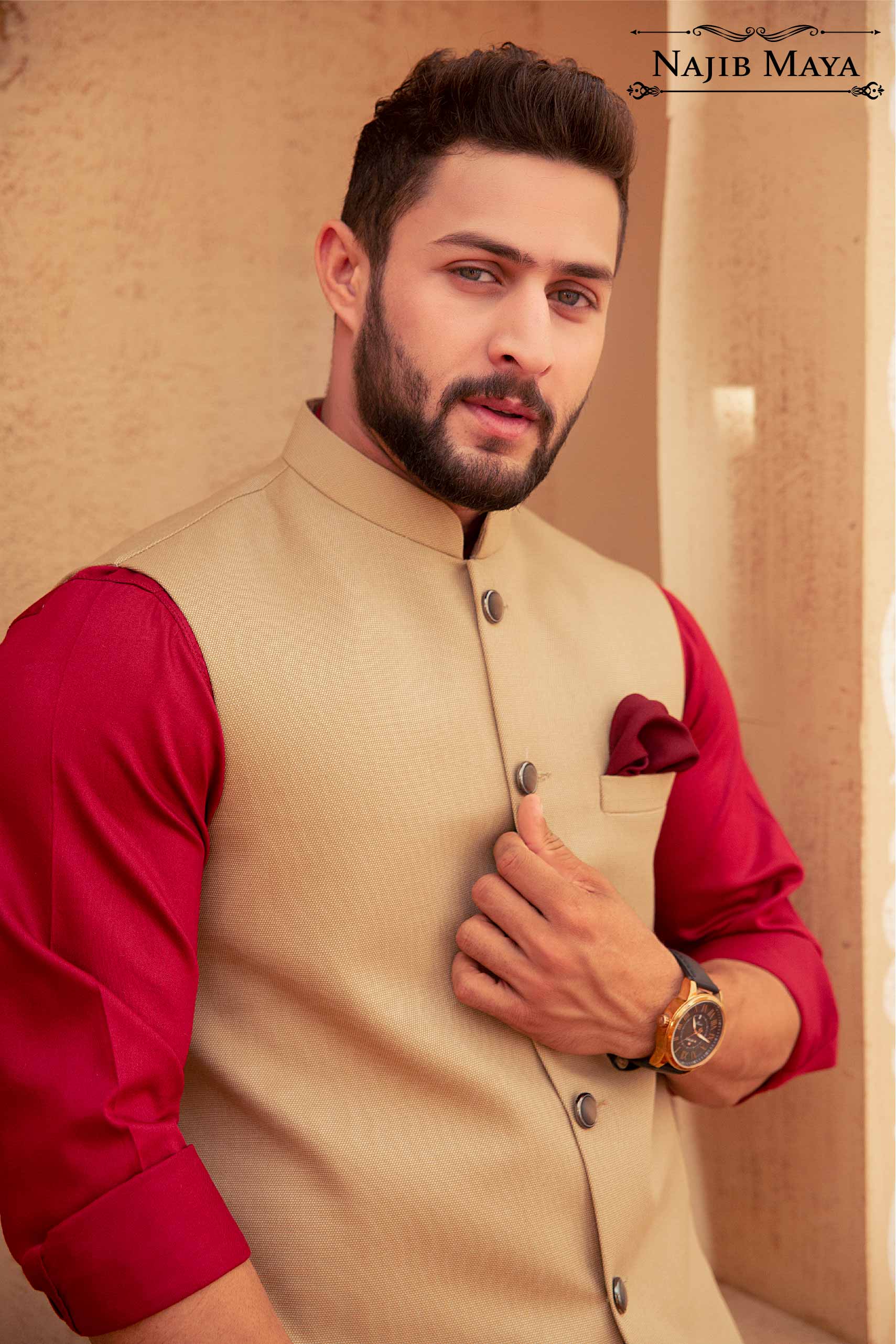 Beige Waist Coat & Maroon Kurta Pajama For Men's (Copy)