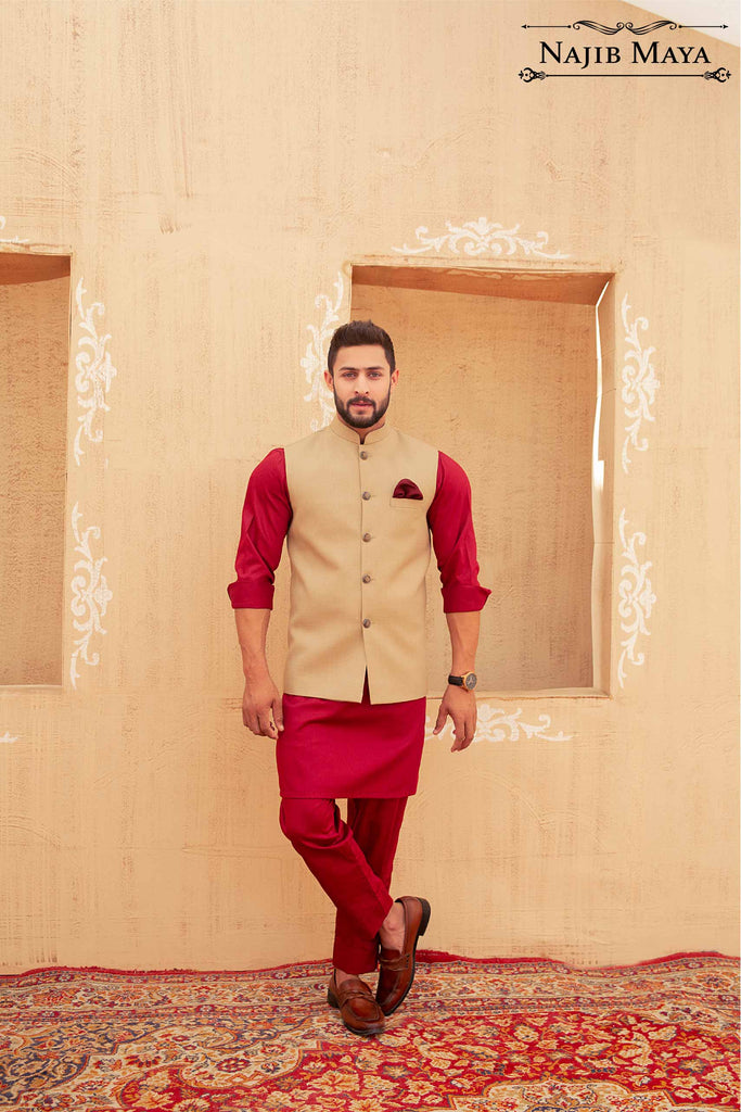 Beige Waist Coat & Maroon Kurta Pajama For Men's