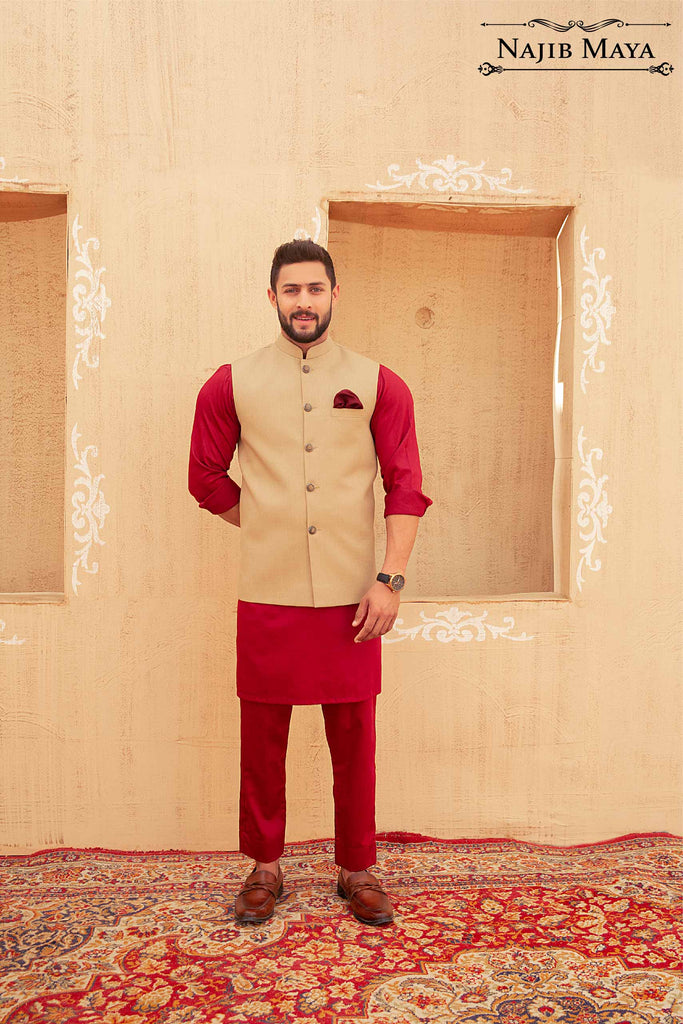 Beige Waist Coat & Maroon Kurta Pajama For Men's