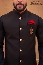 Black Logo Hand work Waist Coat & Black Kurta Pajama For Men's