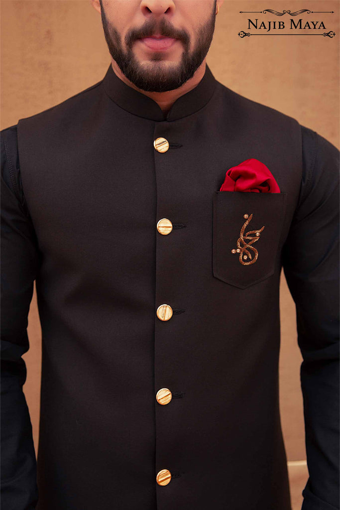 Black Logo Hand work Waist Coat & Black Kurta Pajama For Men's