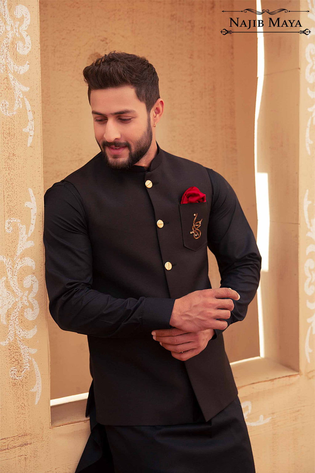 Black Logo Hand work Waist Coat & Black Kurta Pajama For Men's