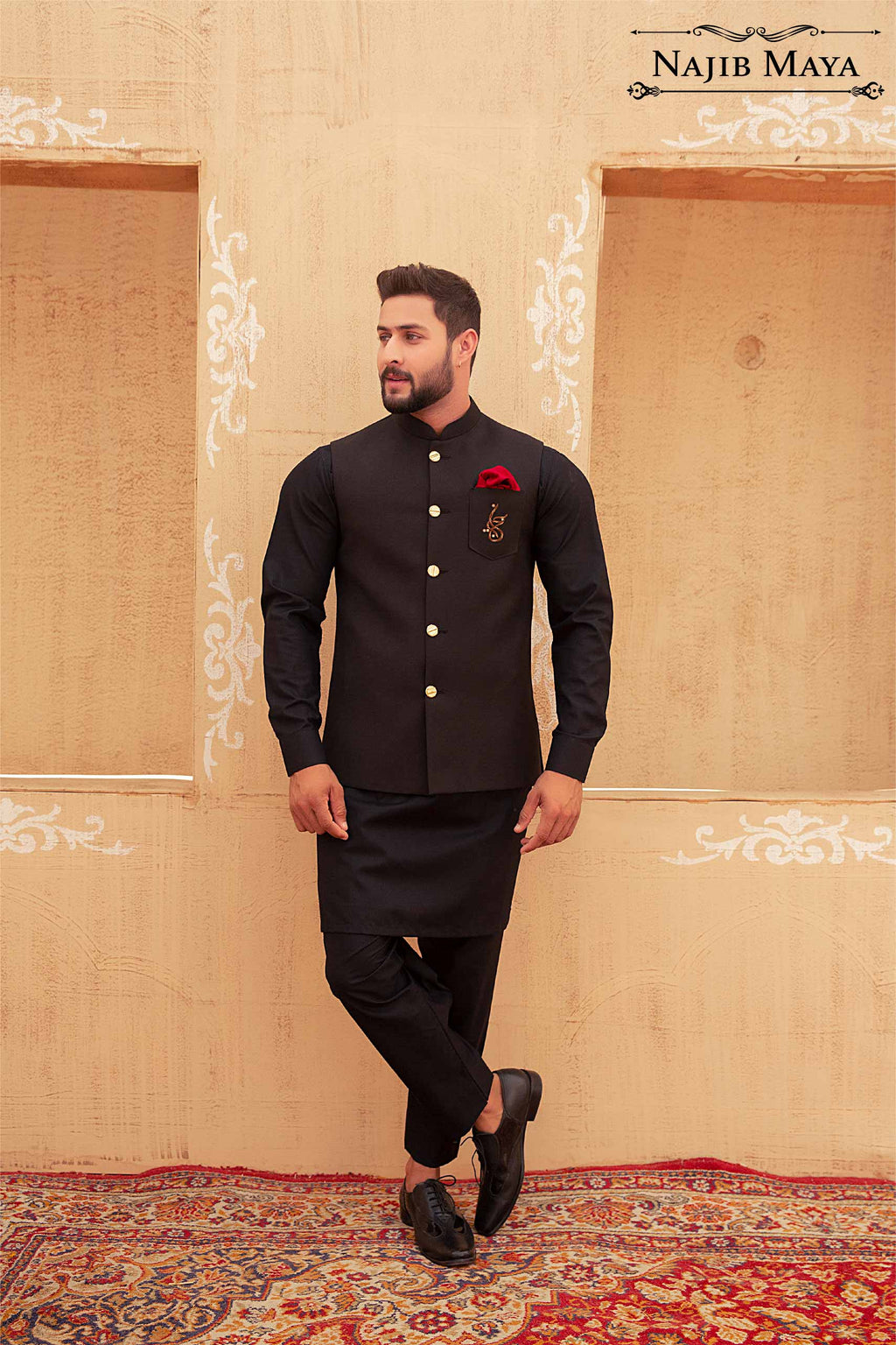 Black Logo Hand work Waist Coat & Black Kurta Pajama For Men's