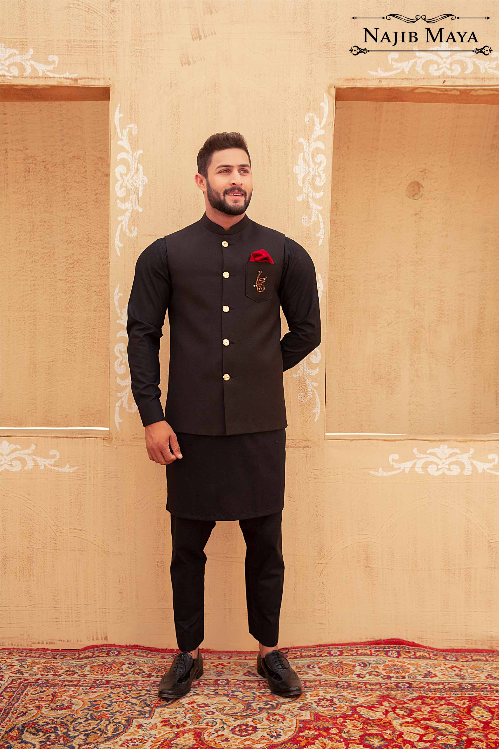 Black Logo Hand work Waist Coat & Black Kurta Pajama For Men's Main image