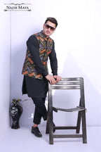 Black Elegant Printed Waist Coat For Men's