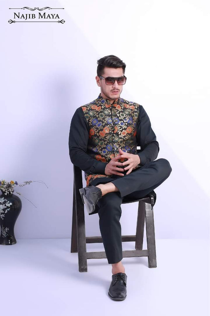 Black Elegant Printed Waist Coat For Men's