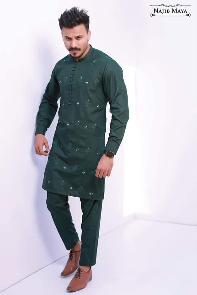Green Stylish Embroidery Kurta Pajama For Men's Main image