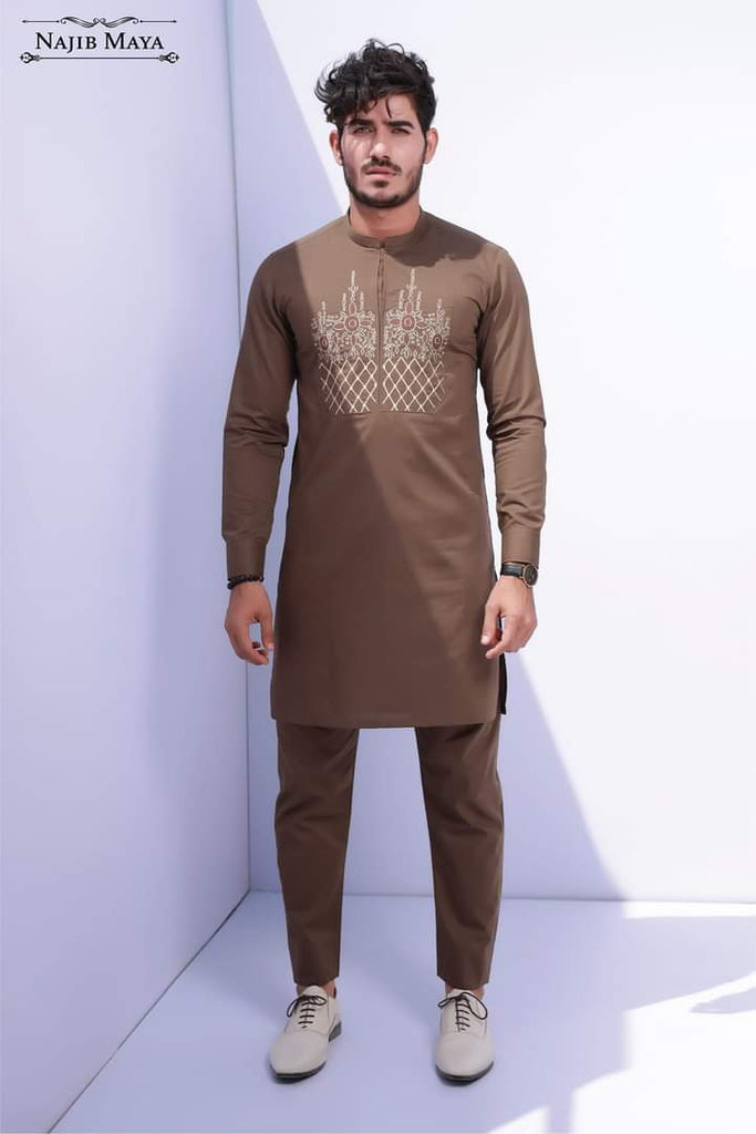 Brown Front Embroidery Kurta Pajama For Men's