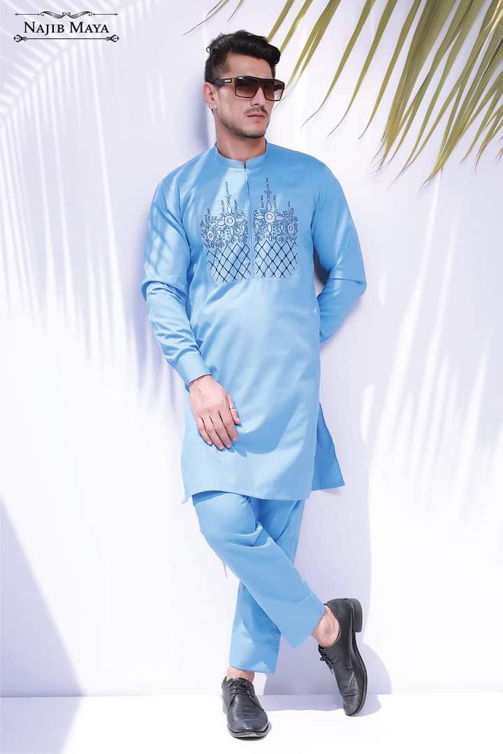 Sky Blue Embroidery Kurta Pajama For Men's Main image