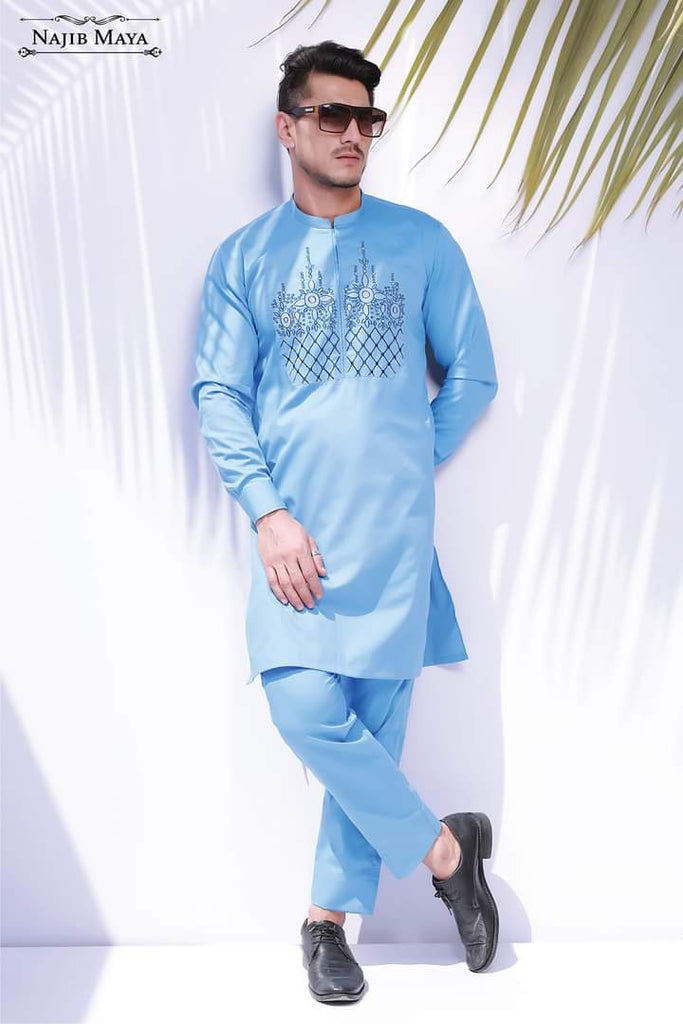 Sky Blue Embroidery Kurta Pajama For Men's
