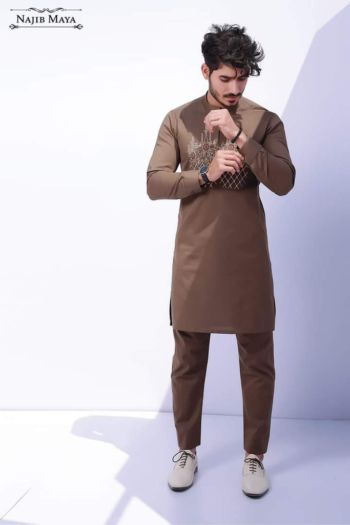 Brown Front Embroidery Kurta Pajama For Men's