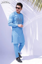 Sky Blue Embroidery Kurta Pajama For Men's