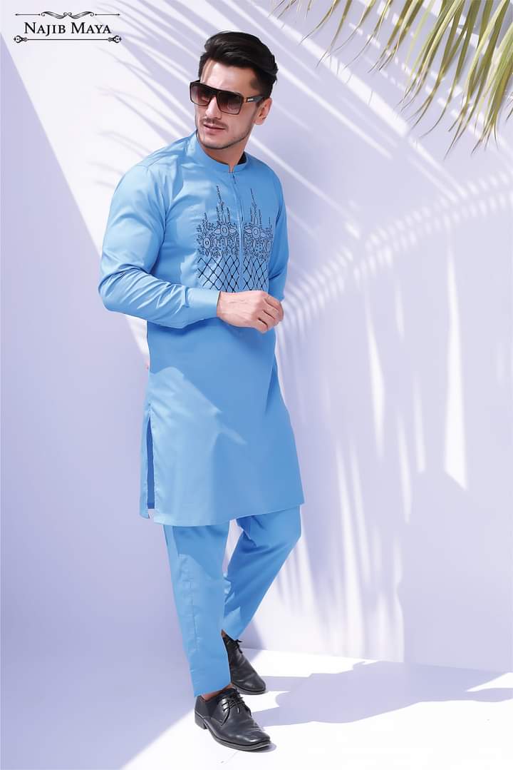 Sky Blue Embroidery Kurta Pajama For Men's