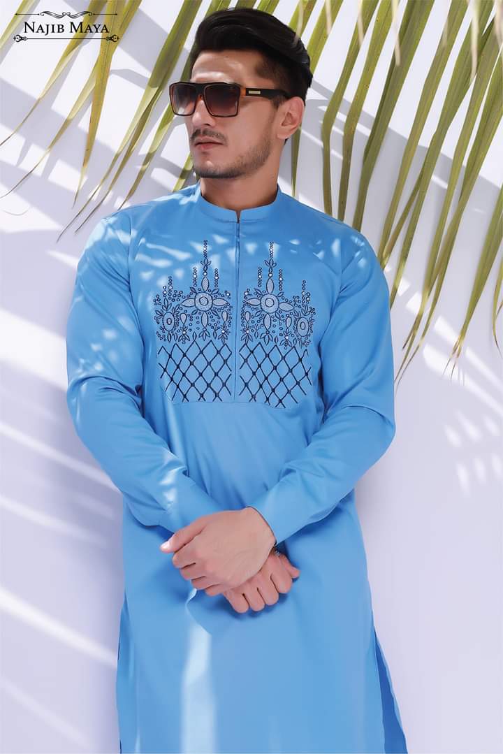 Sky Blue Embroidery Kurta Pajama For Men's