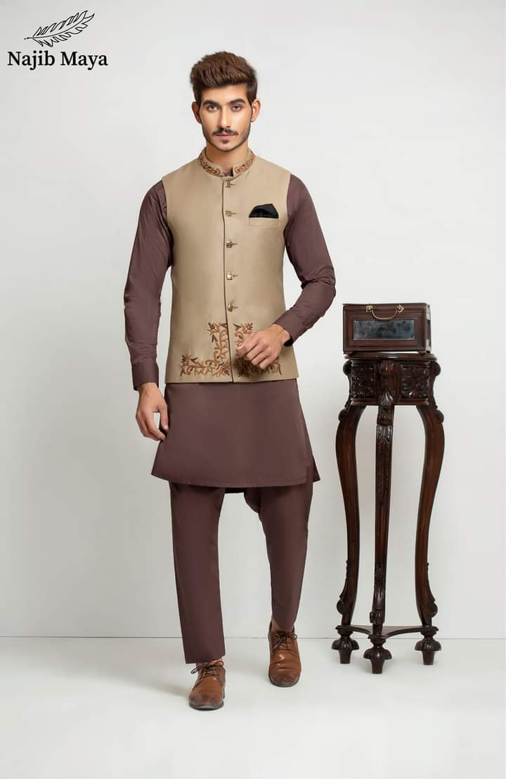 Light Brown Embroidery Waist Coat For Men's - Main Image