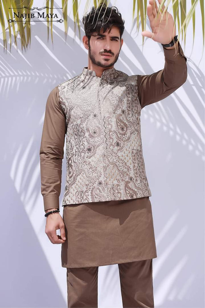 Brown Sequence Embroidery Waist Coat For Men's