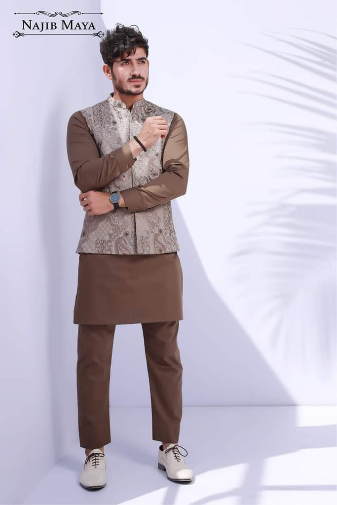 Brown Sequence Embroidery Waist Coat For Men's