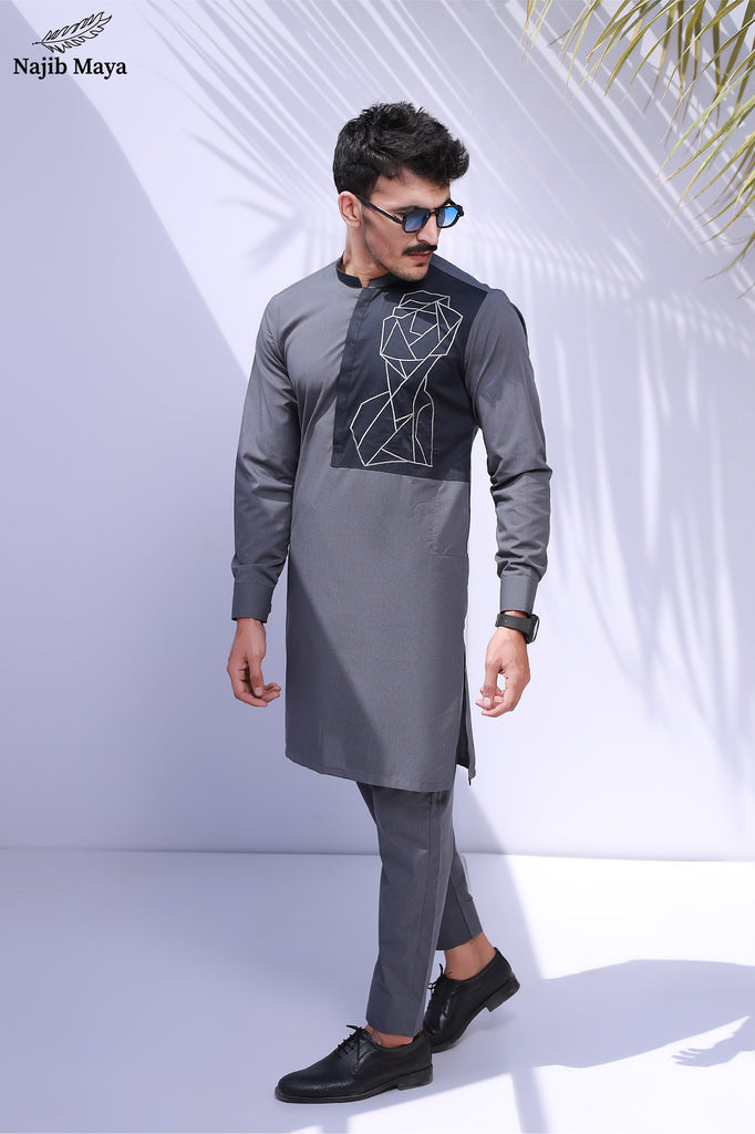Grey Front Embroidered Kurta Pajama For Men's